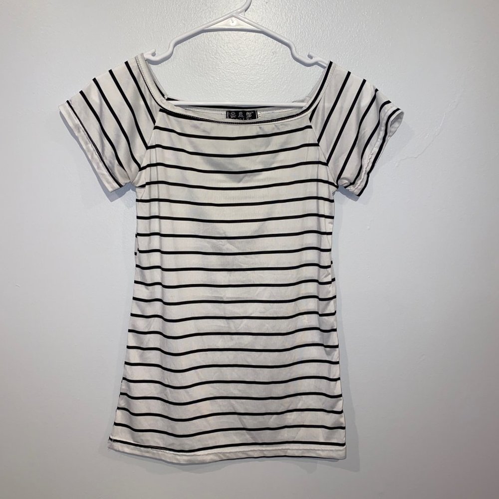 White and Back Striped Short Sleeve Shirt Top Womens